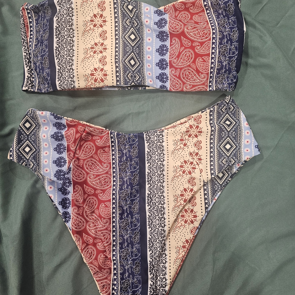 Boho Patchwork High Waisted And Tube Top Bikini in Red, Navy & Cream